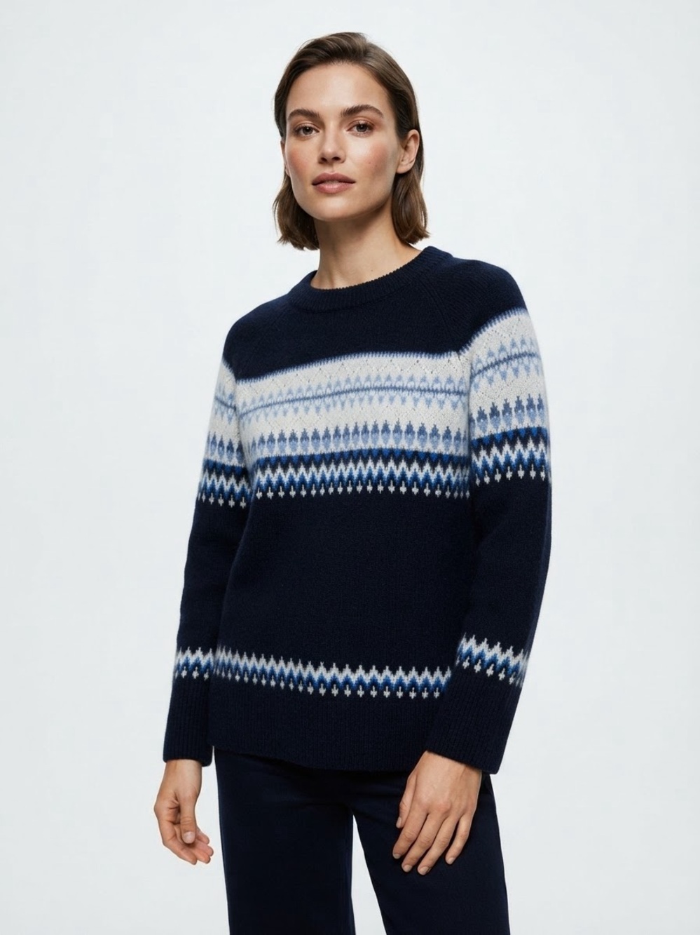 Aerie Fair Isle Crewneck Knit Sweater Navy Blue with White Size Small